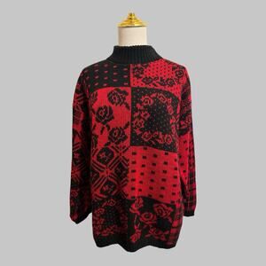Vintage 90s Rose Patchwork Red Black Cabincore Ski Lodge Hipster Sweater Size L